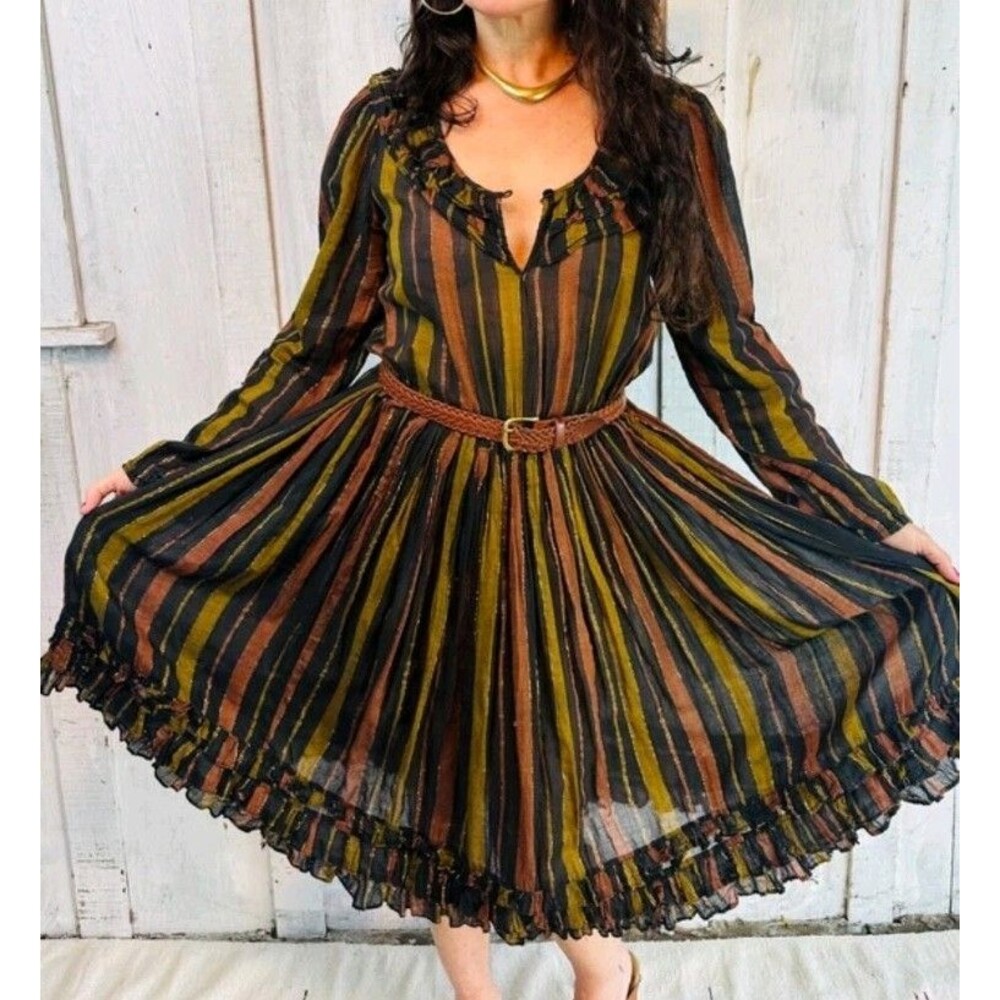 Vtg 70s Adini Midi Dress S Striped Puff Sleeve Cotton Ruffle Boho Hippie India
